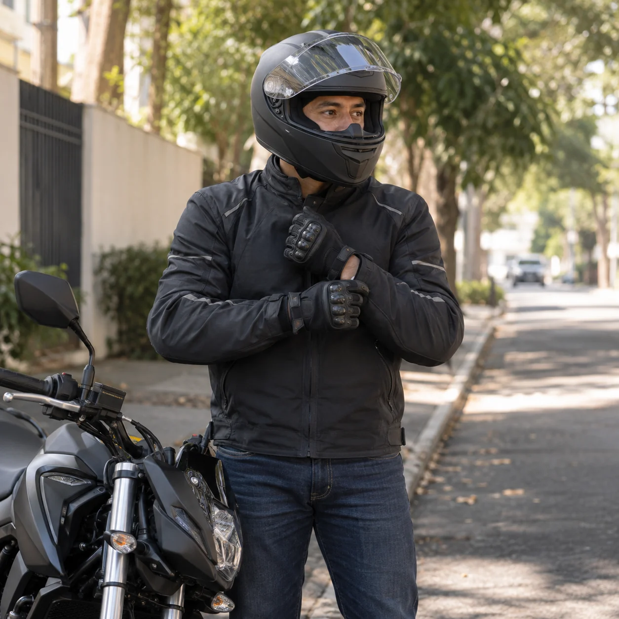 Motociclista com equipamento de proteção. Imagem ilustrativa.